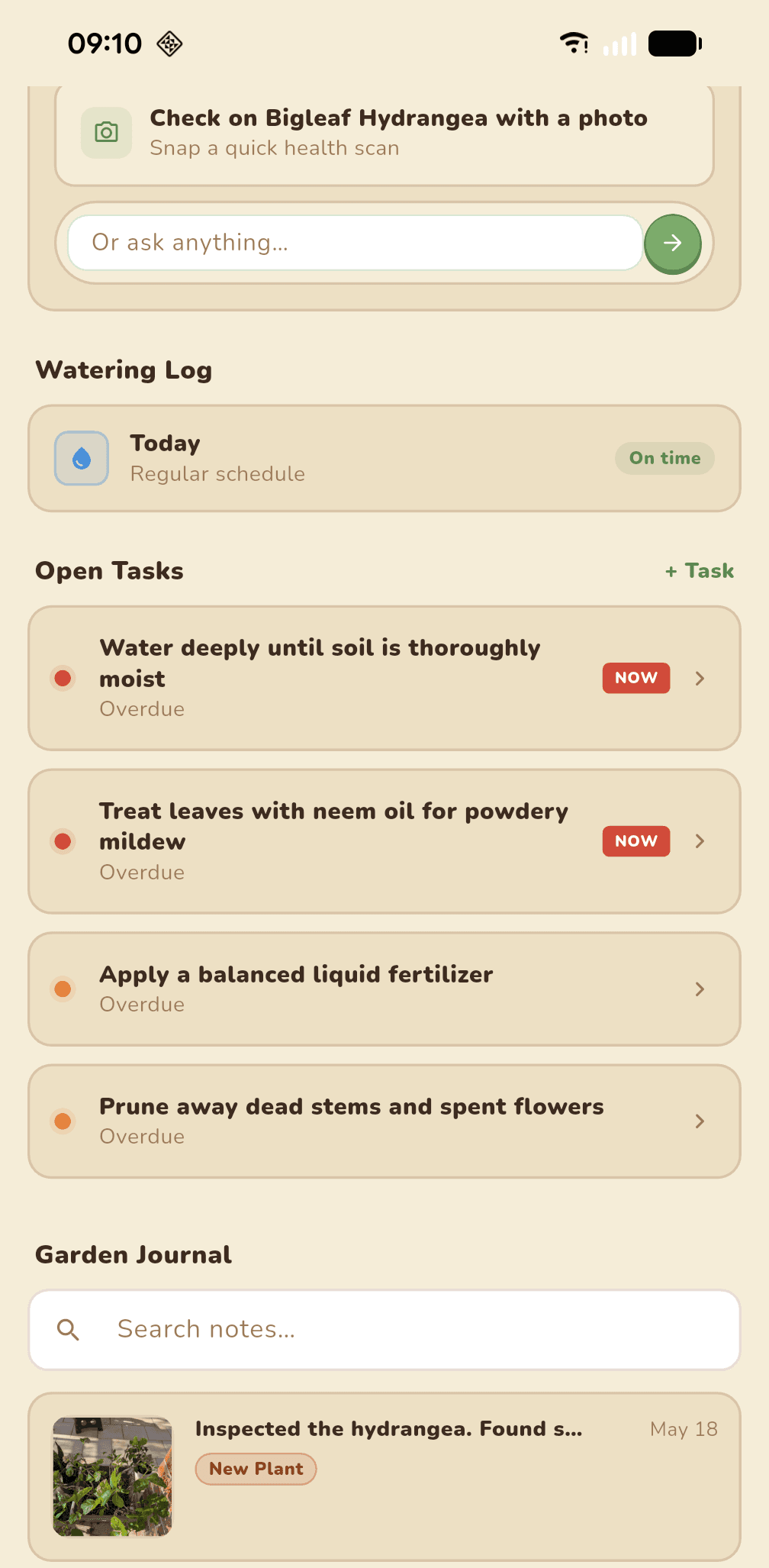 Open tasks with NOW priority badges and garden journal