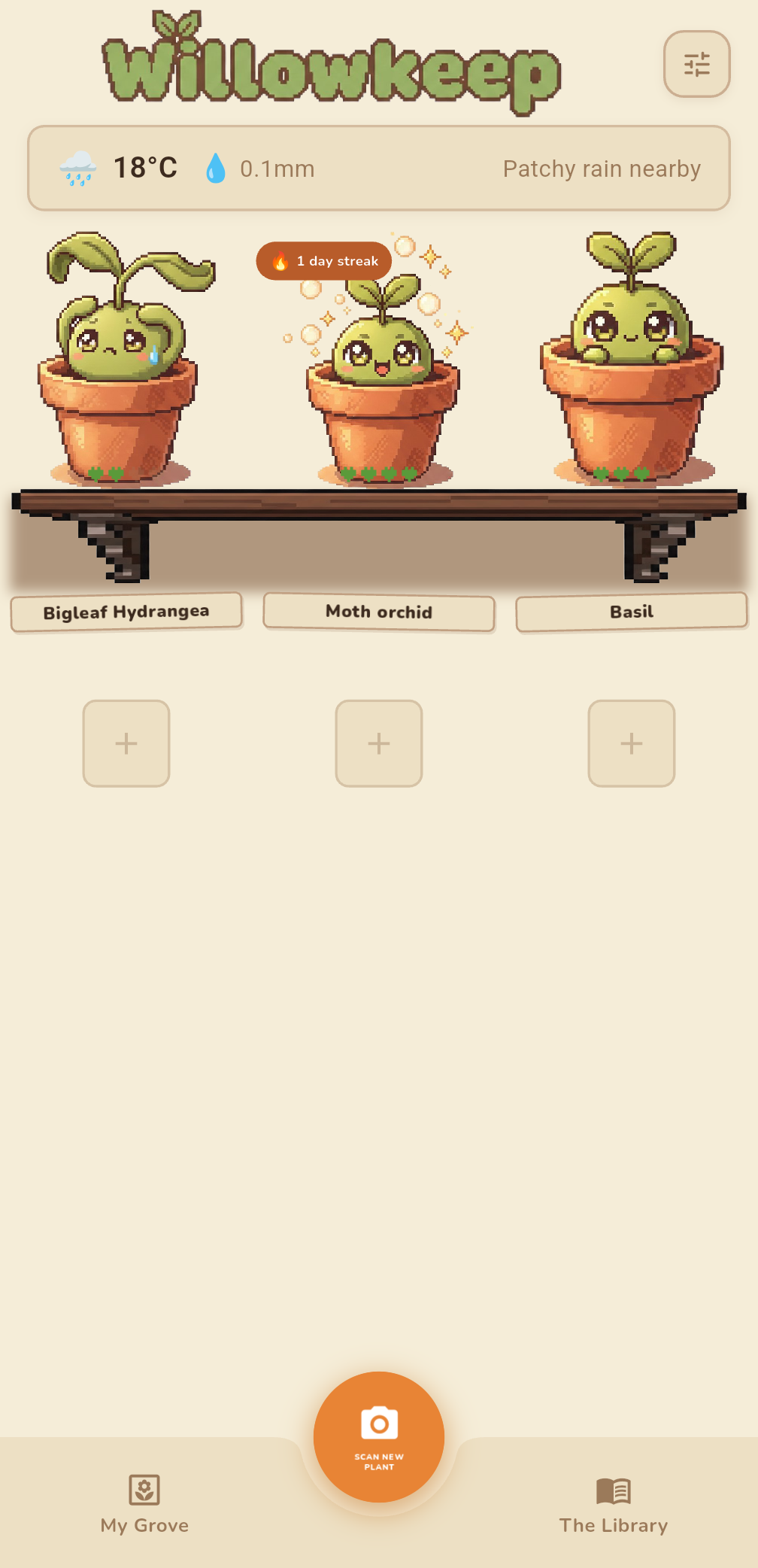 Three pixel-art plants on a wooden shelf, one happy, one thirsty