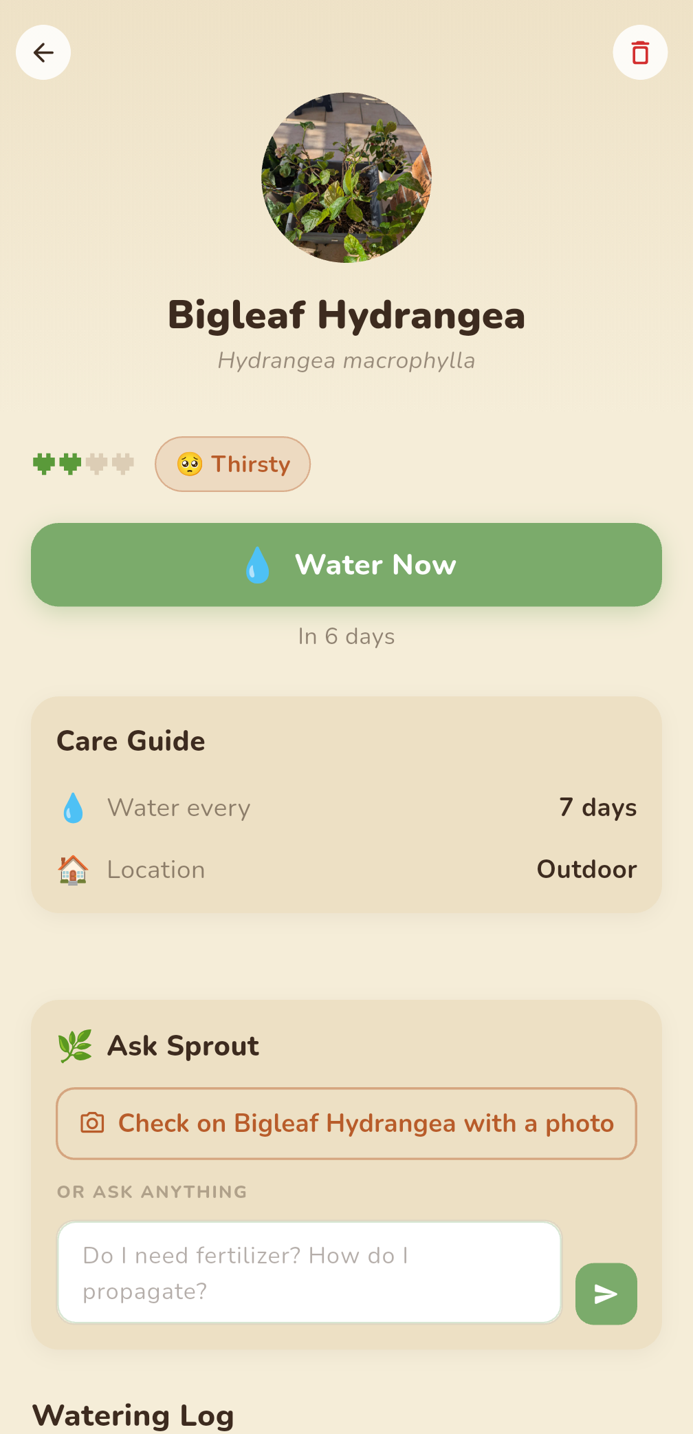 A Hydrangea plant detail showing mood hearts and the Ask Sprout panel