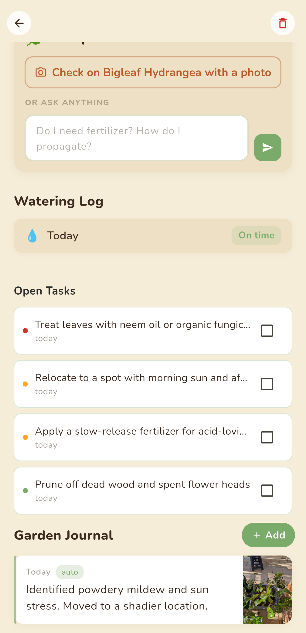 Open tasks and garden journal with an auto-saved Sprout Q&A entry